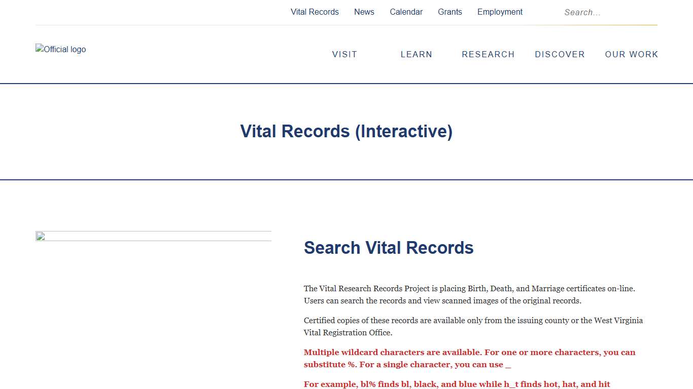 Vital Records (Interactive) - West Virginia Culture Center : West Virginia Culture Center